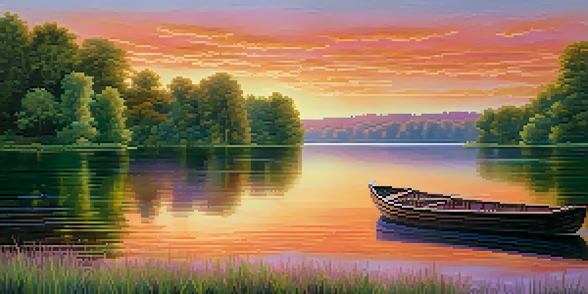 A beautiful sunset over a calm lake with colorful reflections in the water and a small wooden boat.