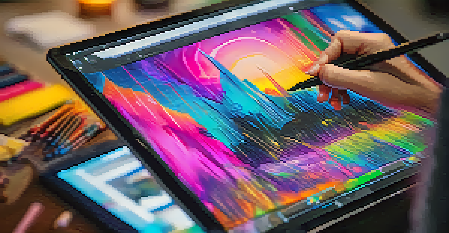 A close-up of a digital tablet showing vibrant NFT artwork being created by an artist's hand, with a softly blurred background.