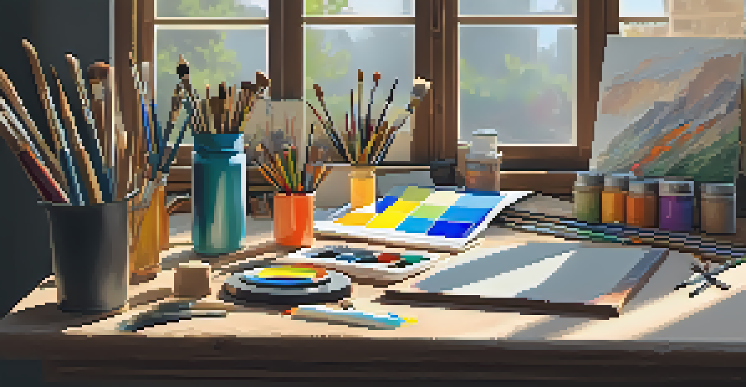 An artist's workspace with an easel, colorful paints, and a digital tablet, illuminated by natural light from a window.