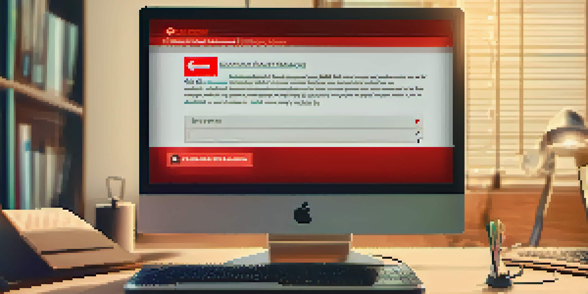 A computer screen showing a phishing email with a red warning banner, with a blurred background and warm lighting.