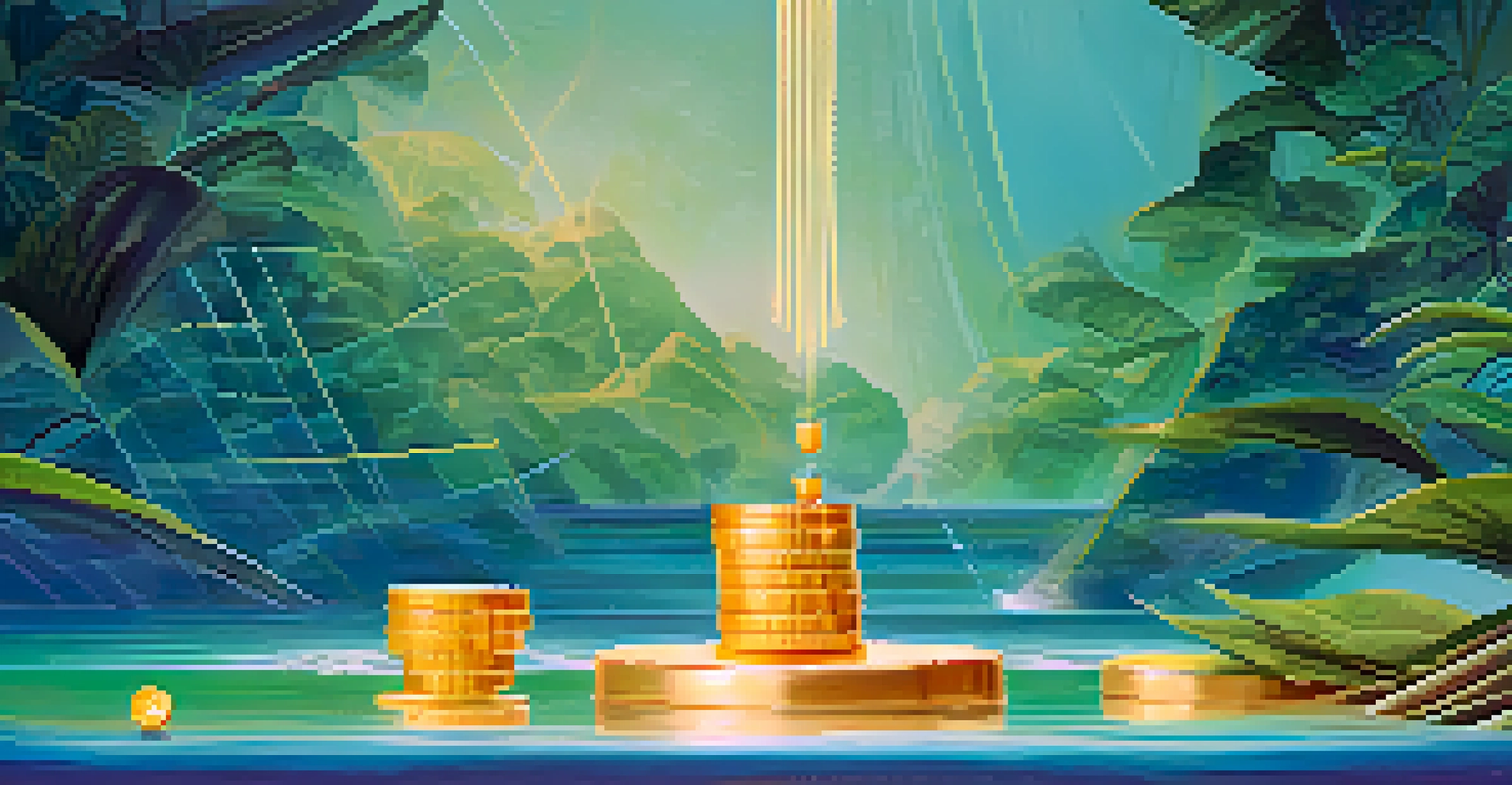 A balanced scale representing the risks and rewards of liquidity pools, with gold coins on one side and fluctuating graphs on the other set against a serene background.