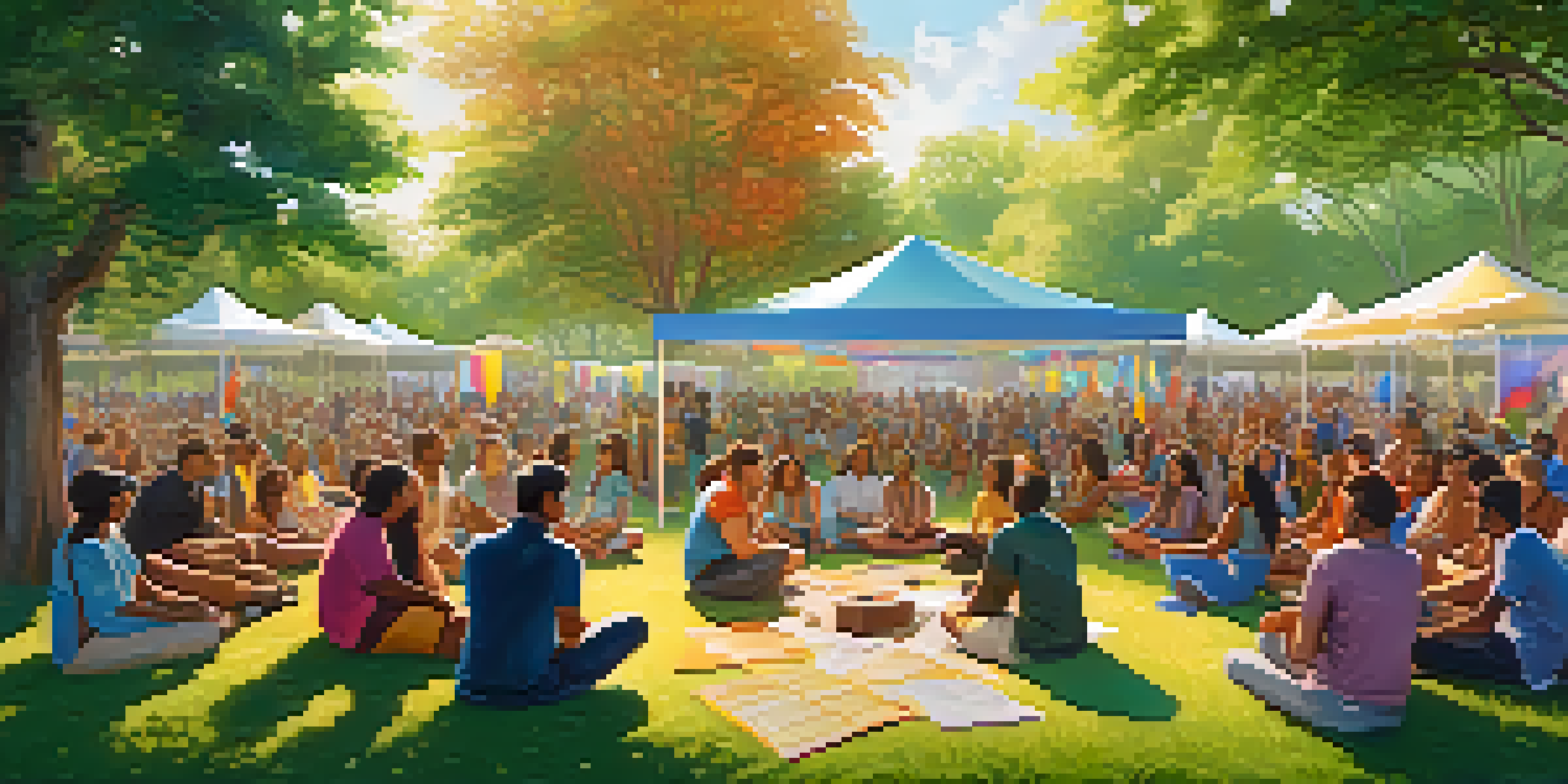 A diverse group of people gathered in a circle for a community meeting, discussing ideas with colorful Ethereum banners in an outdoor setting.