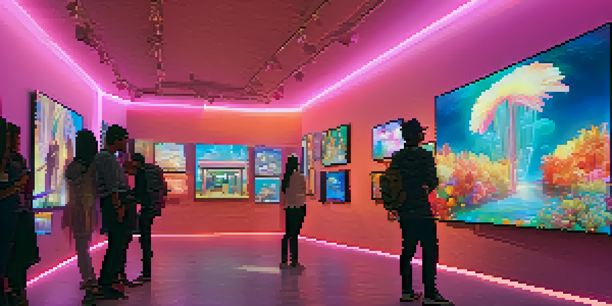 A digital art gallery filled with NFTs, featuring animated artworks on screens and collectors admiring the pieces under colorful lighting.