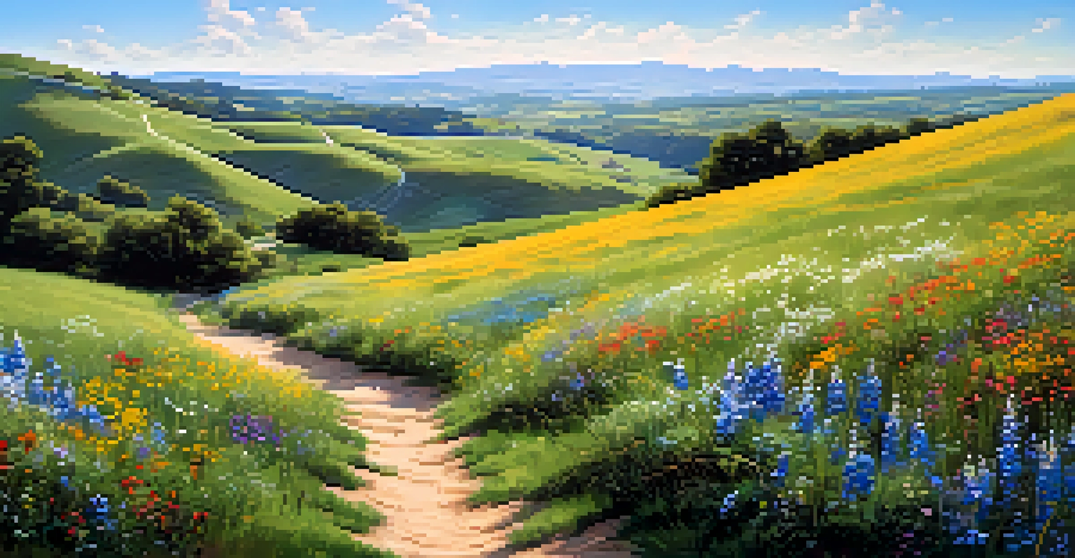 A peaceful landscape with rolling hills and colorful wildflowers under a blue sky.