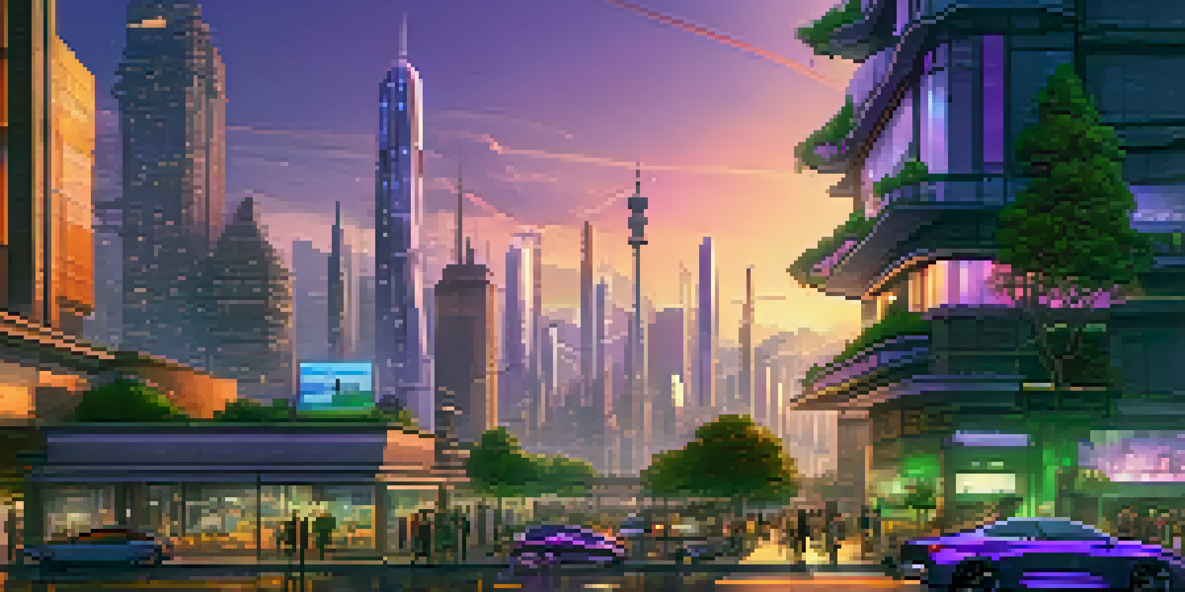 A futuristic cityscape at dusk, showcasing green skyscrapers and people engaging with technology.