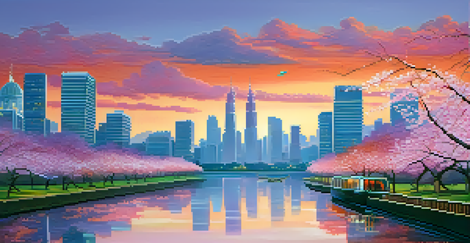 A futuristic city with reflective skyscrapers and a calm river in the foreground, featuring cherry blossom trees and a colorful sunset sky.
