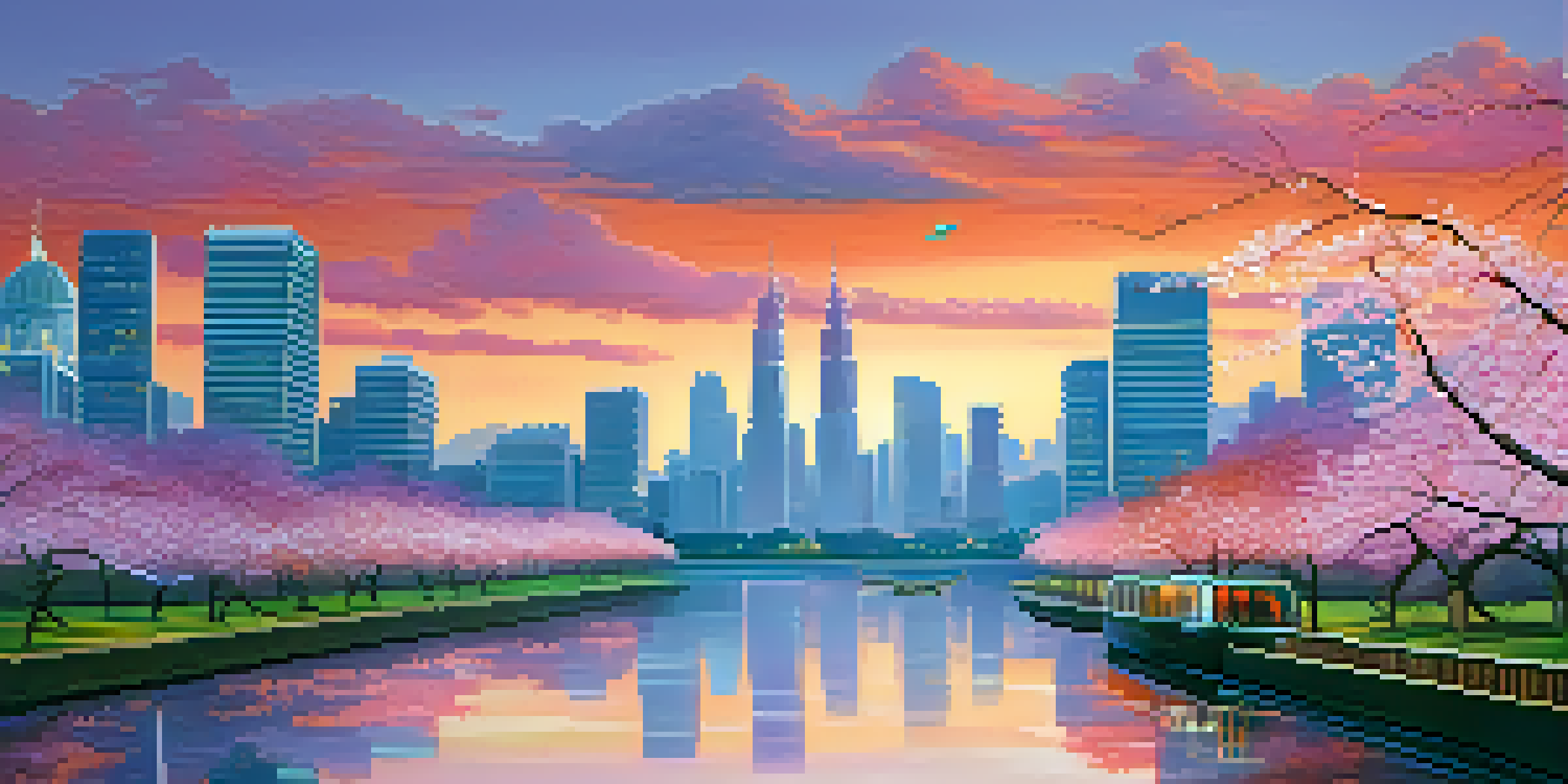 A futuristic city with reflective skyscrapers and a calm river in the foreground, featuring cherry blossom trees and a colorful sunset sky.