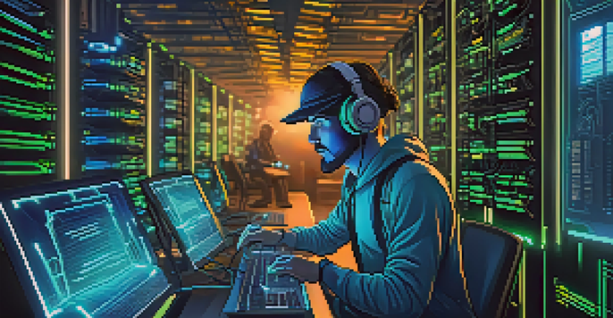 A digital miner focused on his computer, with glowing screens and mining hardware in a futuristic setting.