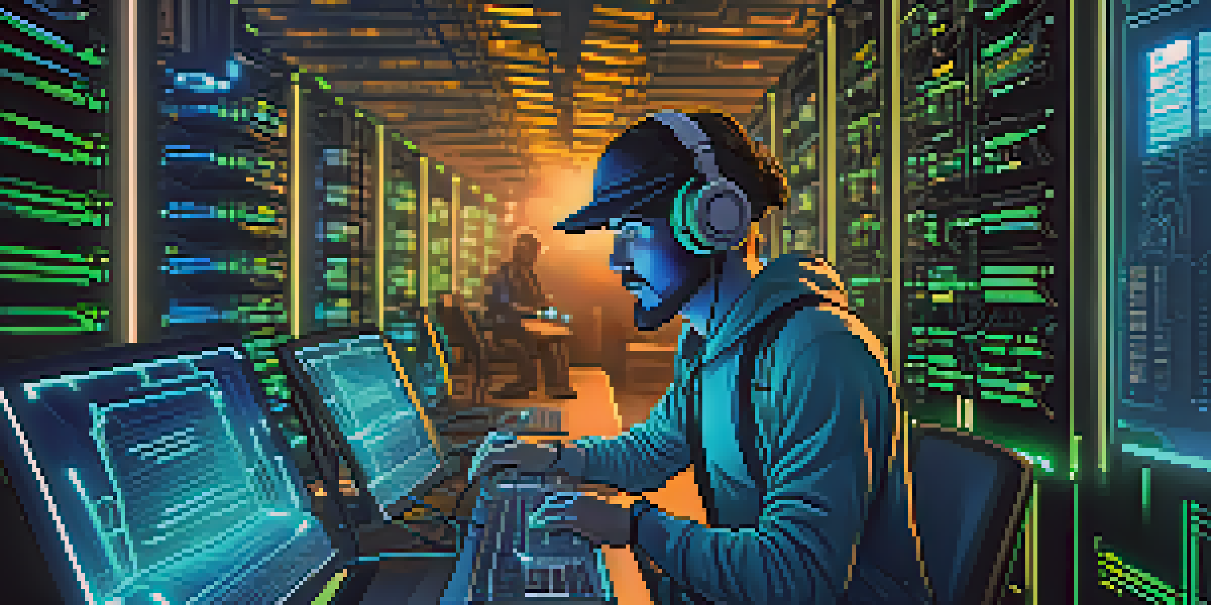 A digital miner focused on his computer, with glowing screens and mining hardware in a futuristic setting.