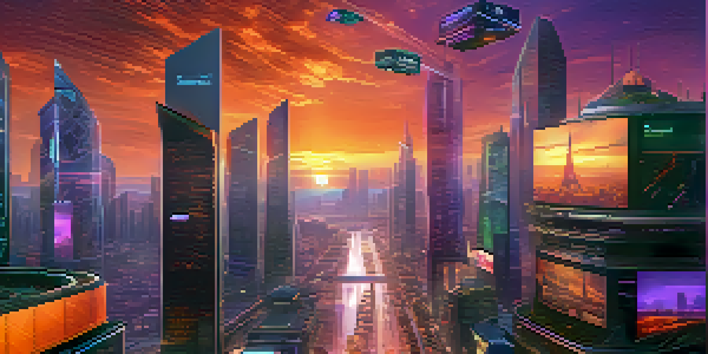 A futuristic city with tall buildings and bright billboards, depicting advanced technology and digital interactions, illuminated by a colorful sunset.