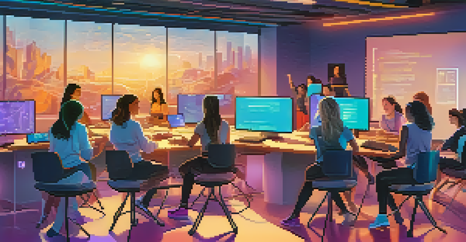 A classroom with women participating in a coding boot camp, learning about blockchain technology with interactive screens.