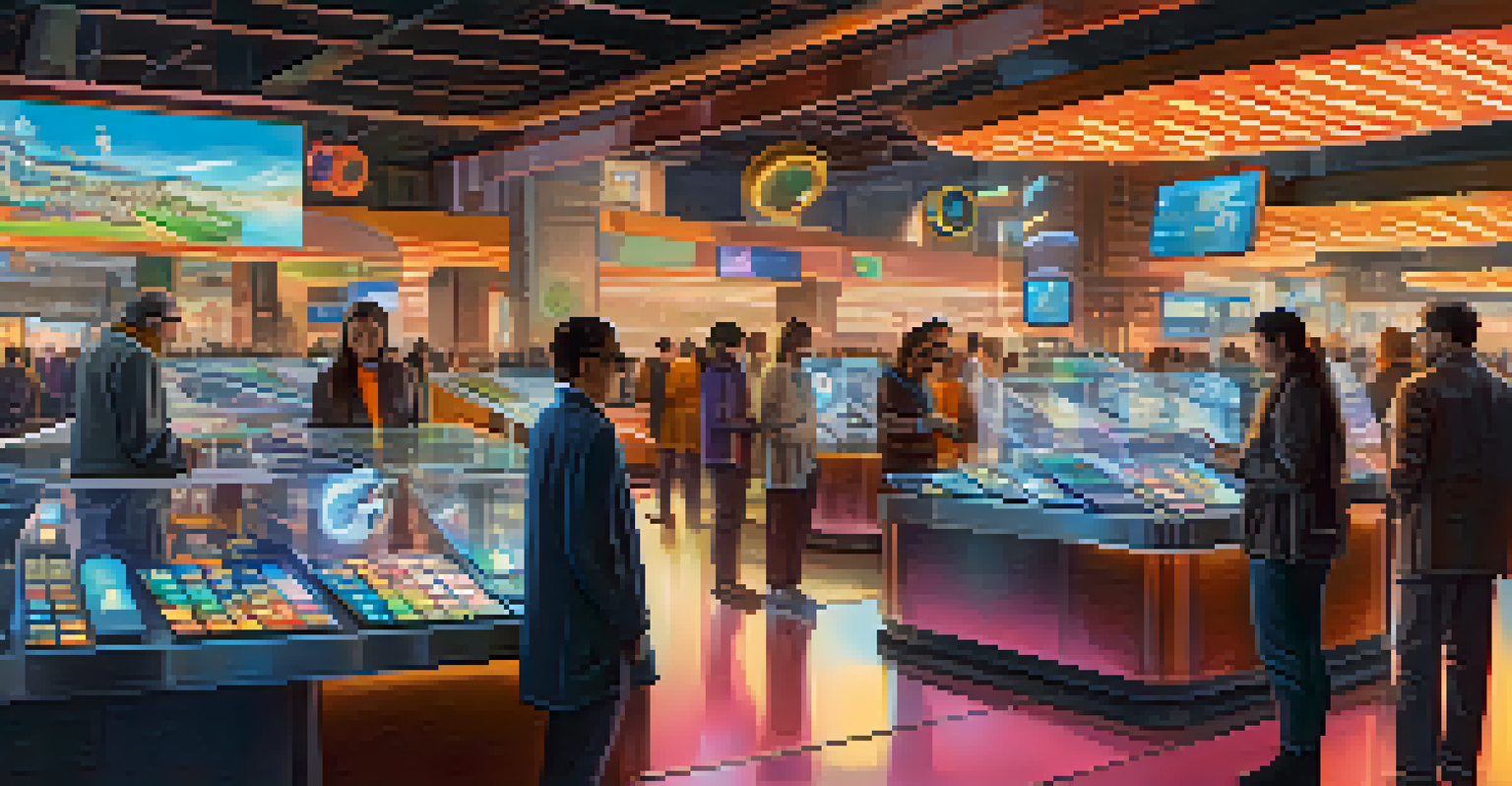 A high-tech market scene with people exchanging digital tokens on devices, surrounded by holograms of intellectual property assets.