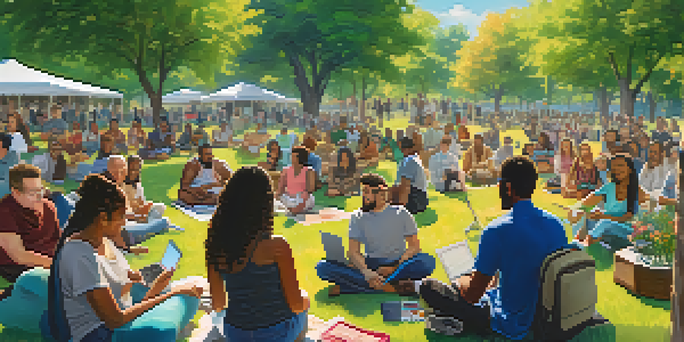 A diverse group of people in a park discussing decentralized insurance, with laptops and greenery around them.