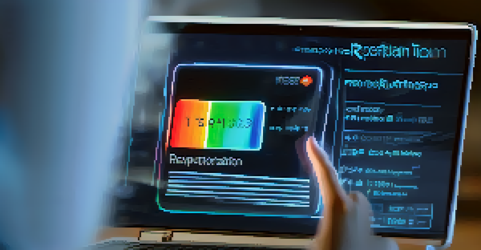 A close-up of a hand holding a digital reputation card with a glowing score, set against a blurred background of a laptop screen.