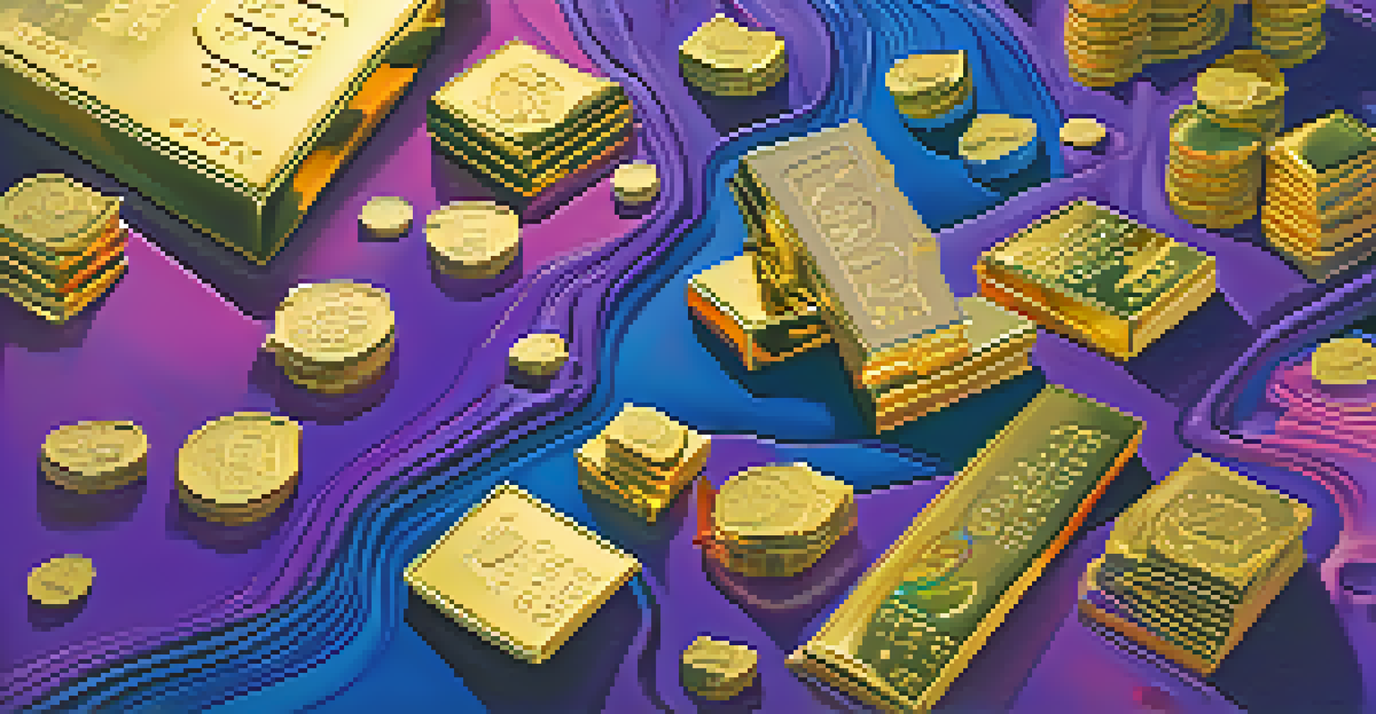 An abstract representation of liquidity featuring colorful streams forming asset shapes, set against a gradient background of blue and purple.
