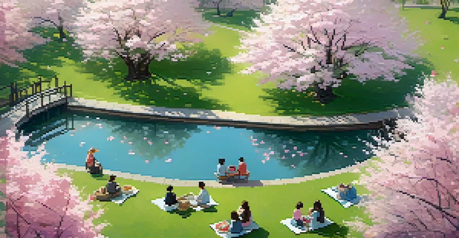 A peaceful park scene in spring, with cherry blossom trees, a pond, and people enjoying picnics.