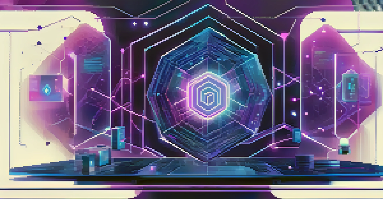 An abstract depiction of a smart contract in a futuristic digital interface, with icons representing ownership and copyright.