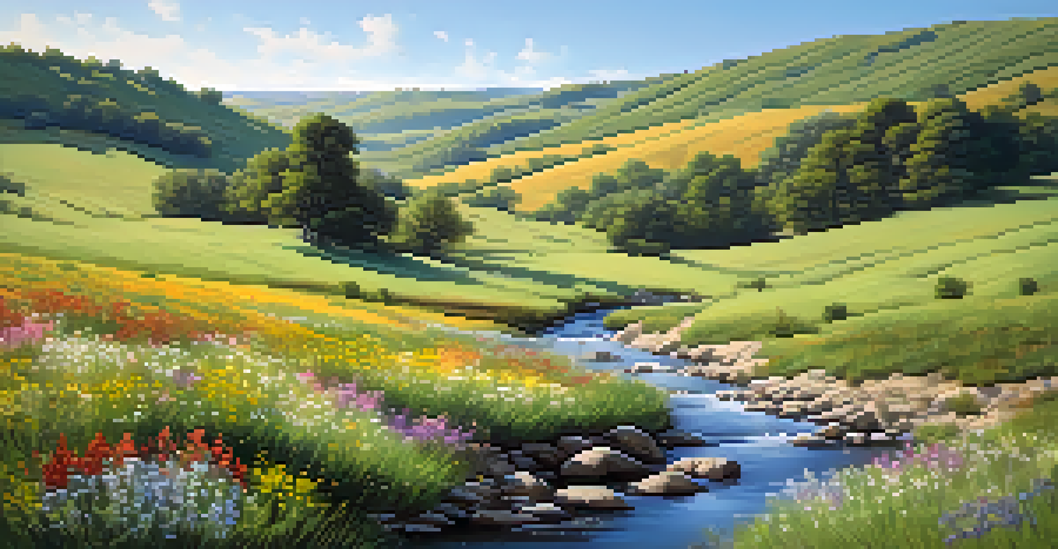 A serene landscape with rolling hills, wildflowers, and a stream under a clear blue sky.