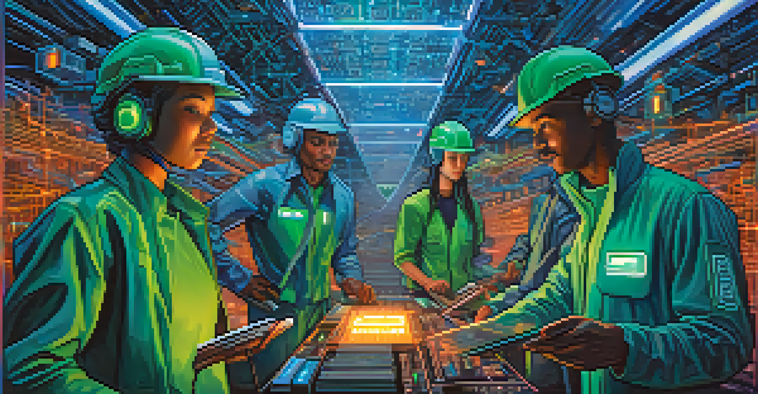 A group of diverse individuals representing Ethereum miners in a futuristic setting, surrounded by glowing circuits and blockchain symbols.