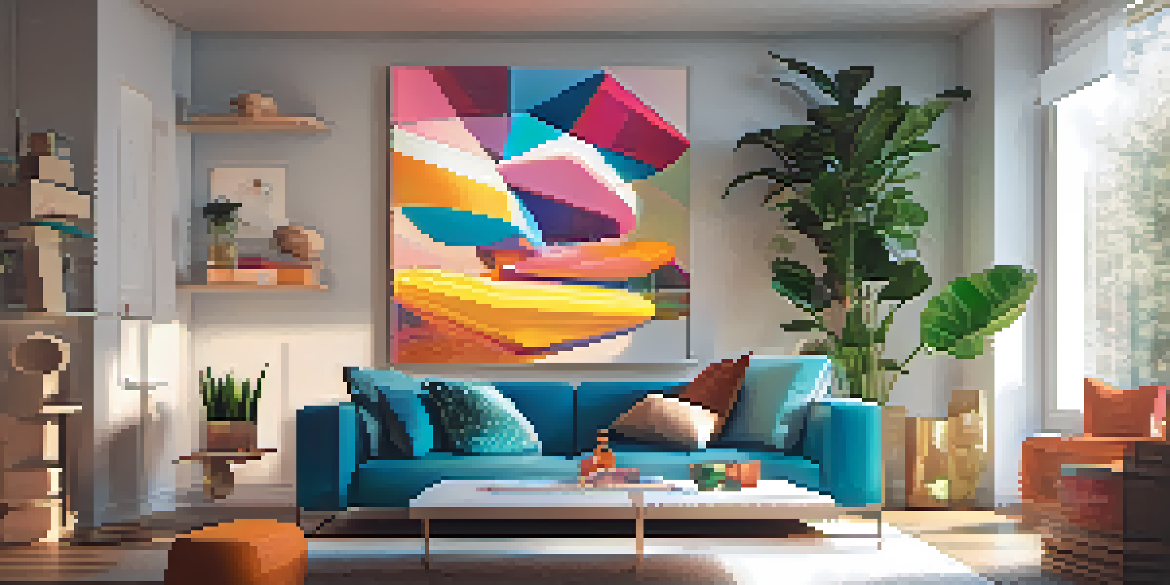 A user interacting with augmented reality digital art in a modern living room, holding a smartphone with colorful virtual sculptures above a coffee table.