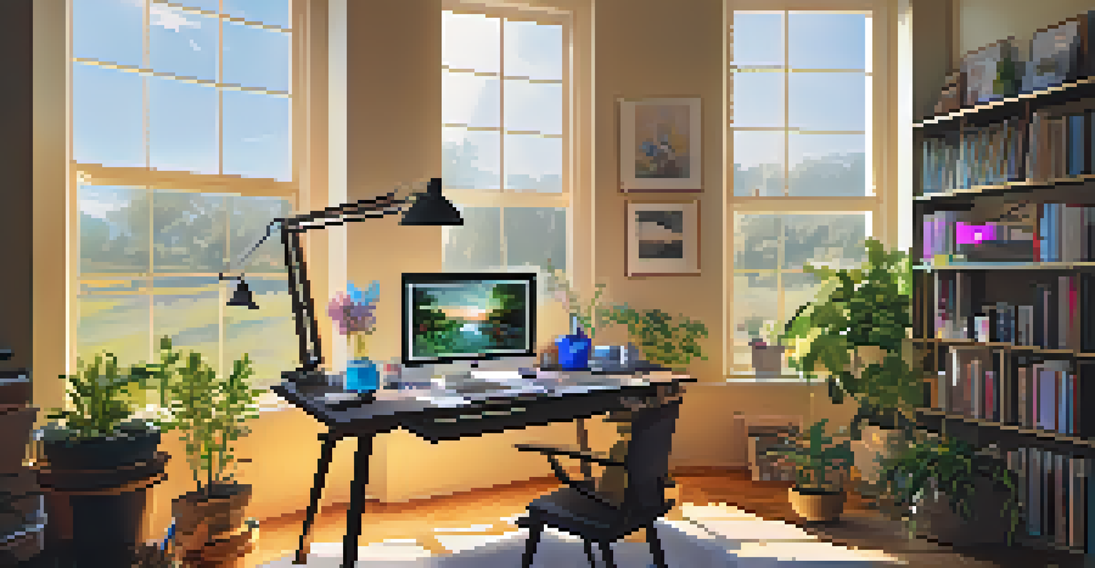 A cozy workspace of a digital artist with a monitor displaying colorful artwork, filled with creative tools and illuminated by sunlight.
