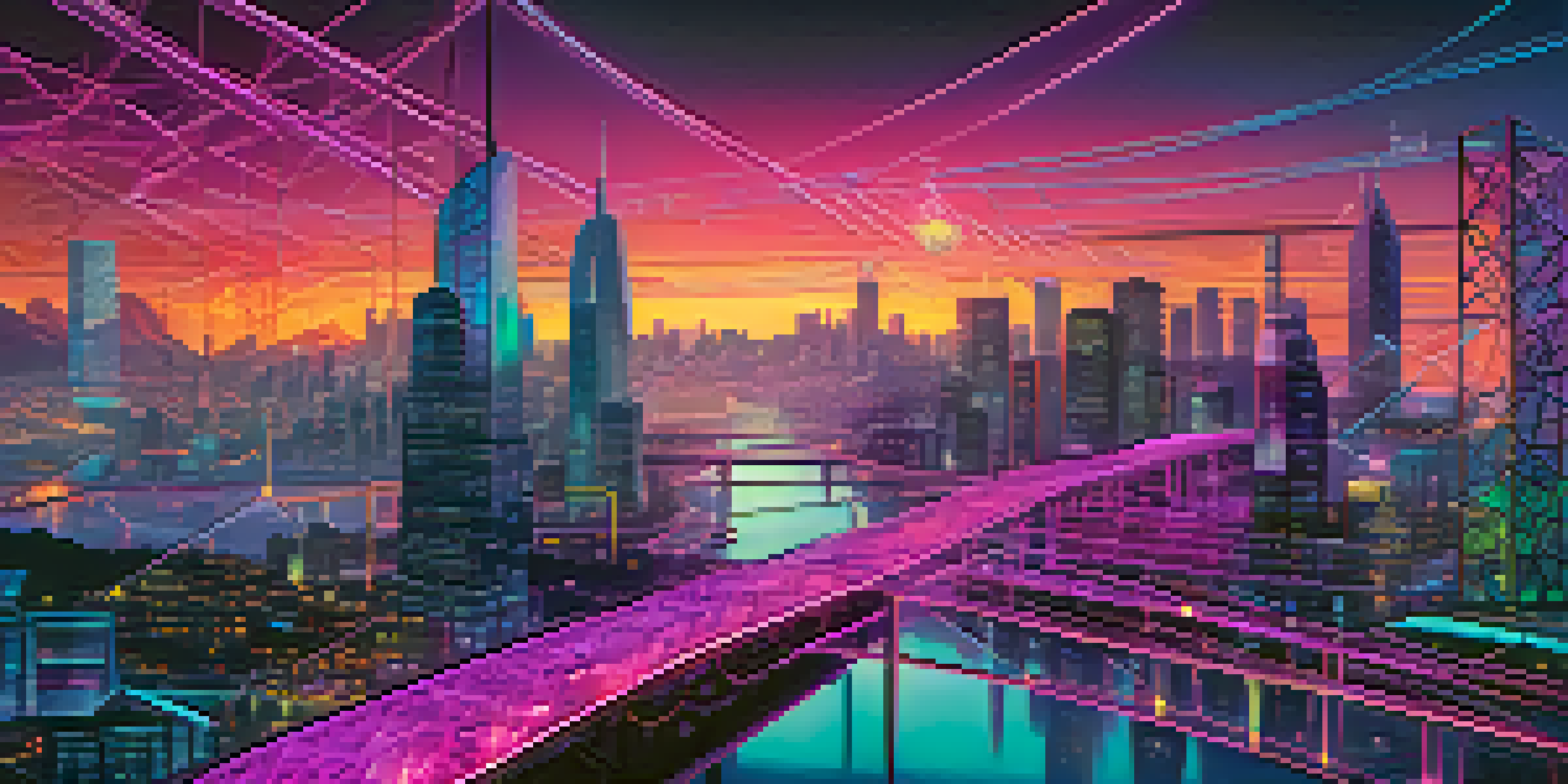 A vibrant futuristic city with glowing blockchain nodes and bridges, set at twilight.