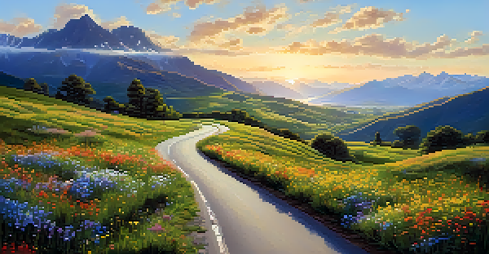 A peaceful landscape of a winding road through a green valley with mountains in the background, under a clear blue sky.