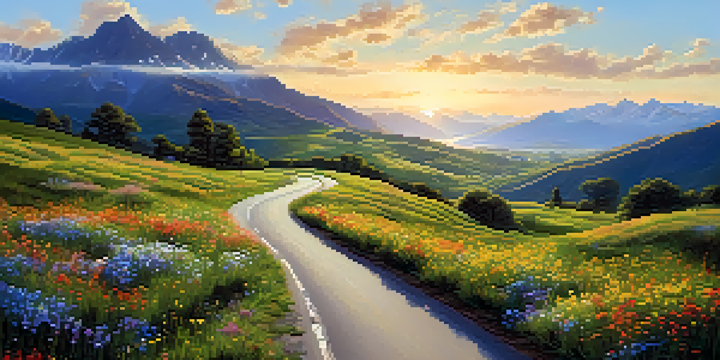 A peaceful landscape of a winding road through a green valley with mountains in the background, under a clear blue sky.