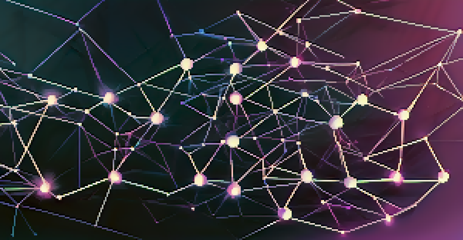 An abstract illustration of interconnected nodes symbolizing blockchain technology with a futuristic color scheme.