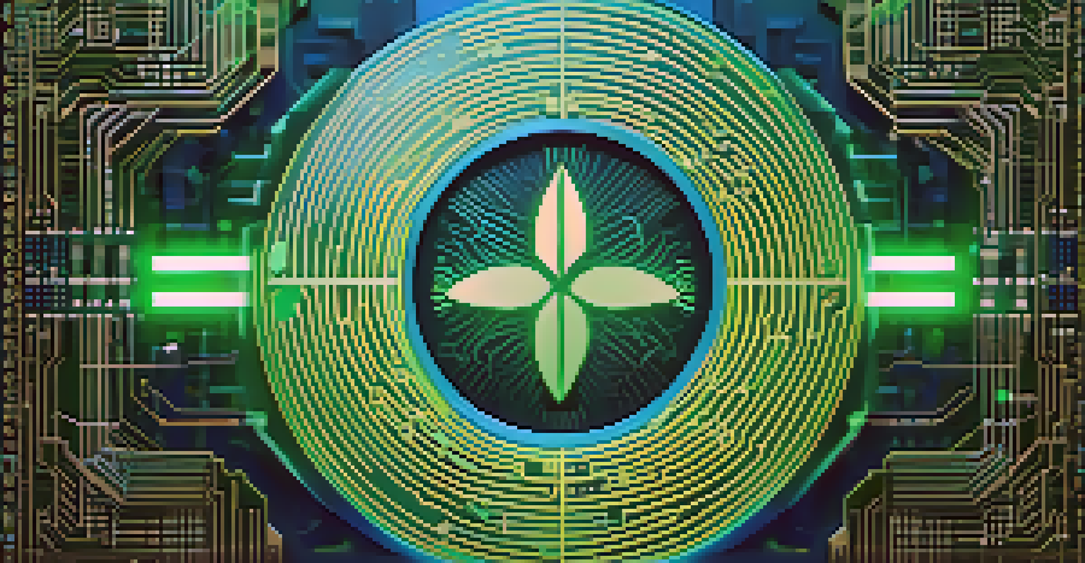 Digital token representing renewable energy with a glowing green leaf and circuit patterns in a blue-green gradient background.