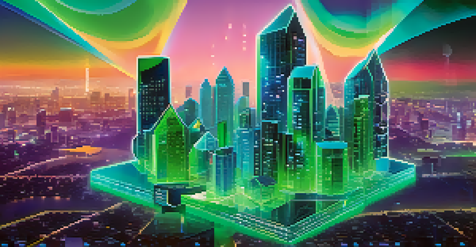 An abstract image displaying floating digital tokens shaped like buildings against a gradient background, highlighting the relationship between blockchain and real estate.