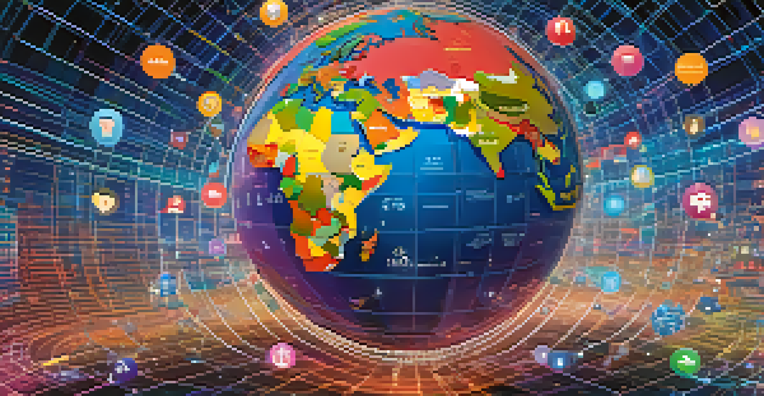 A globe surrounded by digital icons representing various countries' regulatory approaches to decentralized finance.