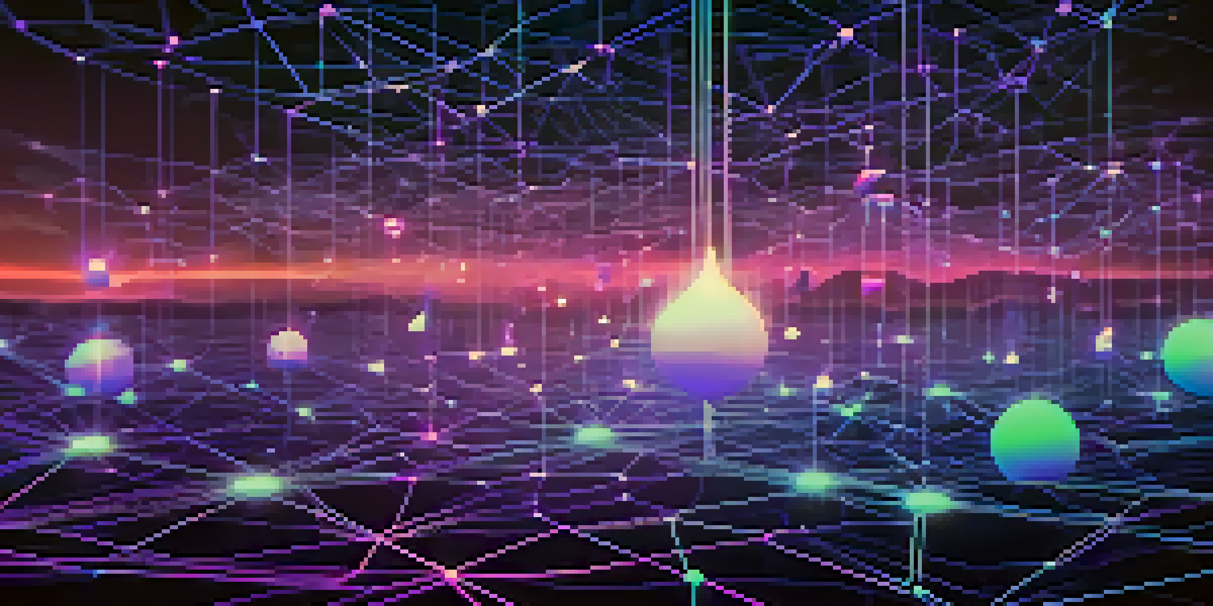 An illustration of a blockchain network with glowing nodes and lines, representing gas limits in smart contracts, set against a blue and purple gradient background.