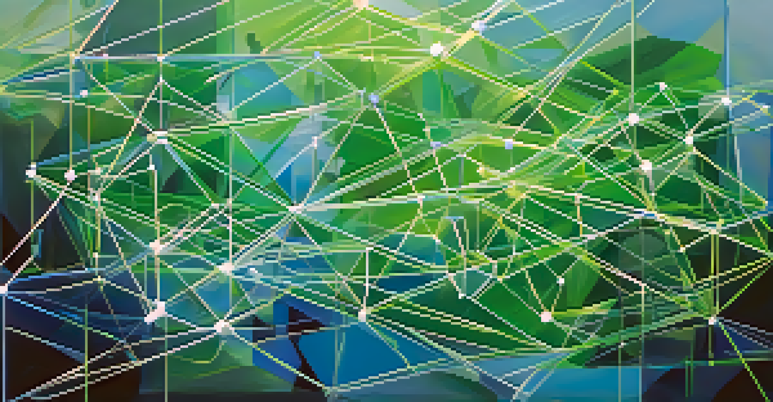 An abstract representation of decentralized social networks with interconnected geometric shapes in cool colors, symbolizing user connections.