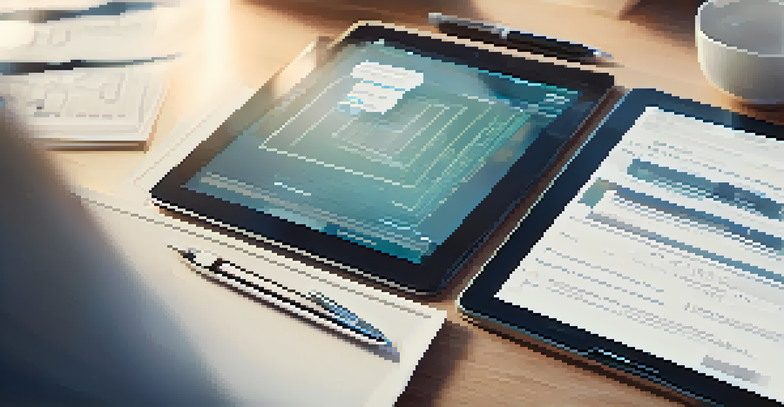 A close-up of a digital tablet displaying a smart contract interface, surrounded by documents and a pen in a well-lit workspace.