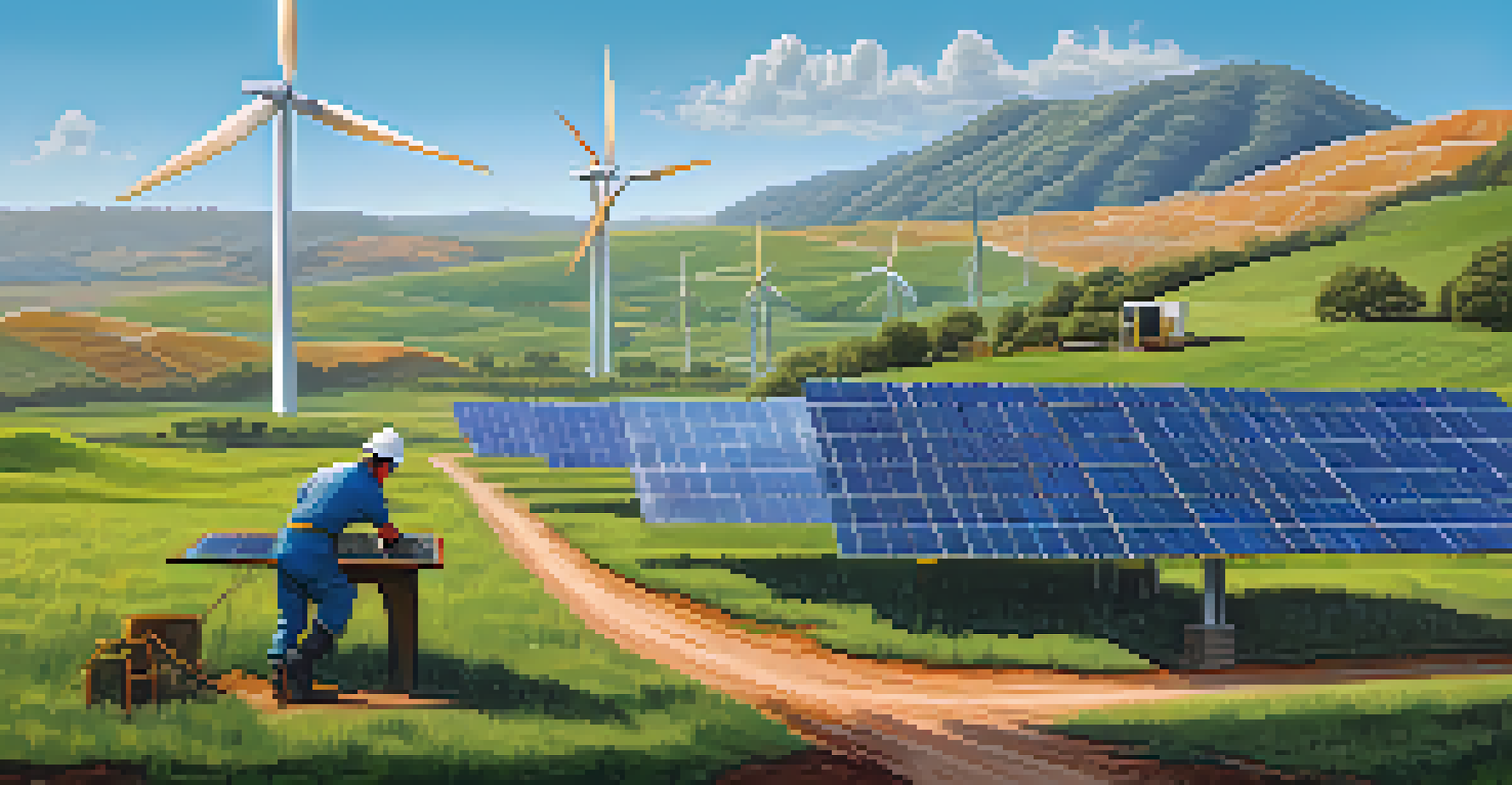 A peaceful renewable energy scene with wind turbines and solar panels, featuring a miner at a computer to represent sustainable Ethereum mining.