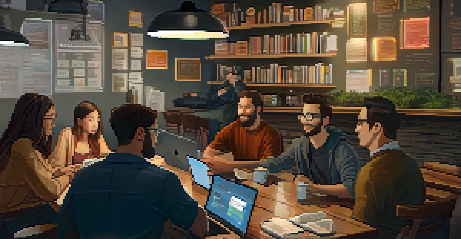 Individuals in a coffee shop discussing financial education and tokenomics with laptops and books on the table.