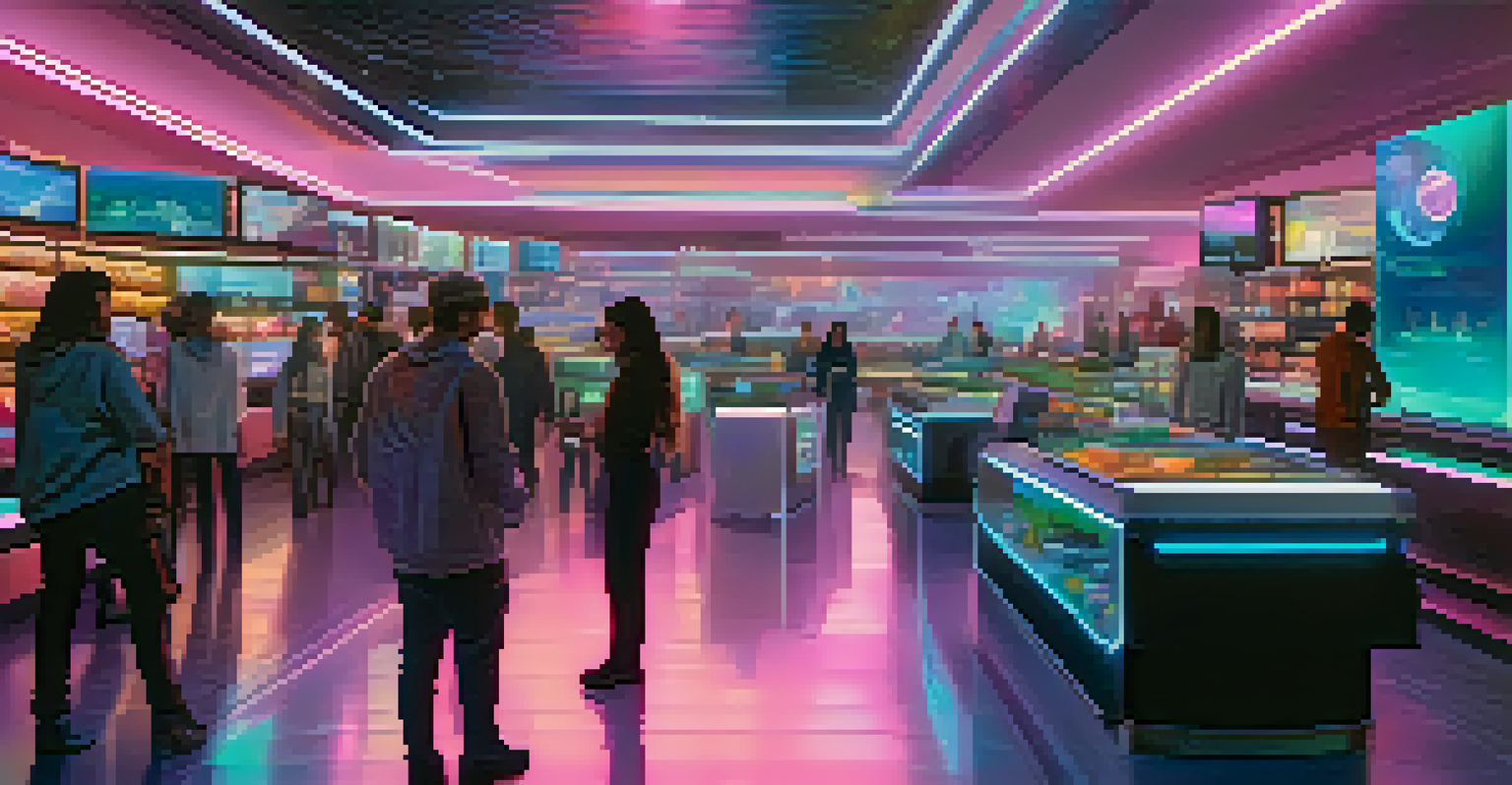 A modern digital marketplace with glowing holograms representing synthetic assets, highlighting user engagement in a futuristic setting.