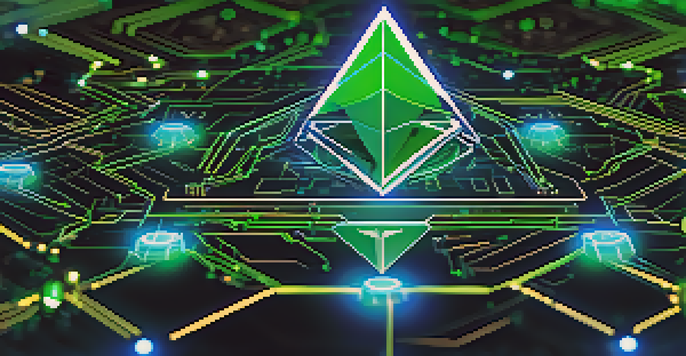 A digital artwork illustrating Ethereum's blockchain, with a large Ethereum logo and glowing nodes in blue and green colors.