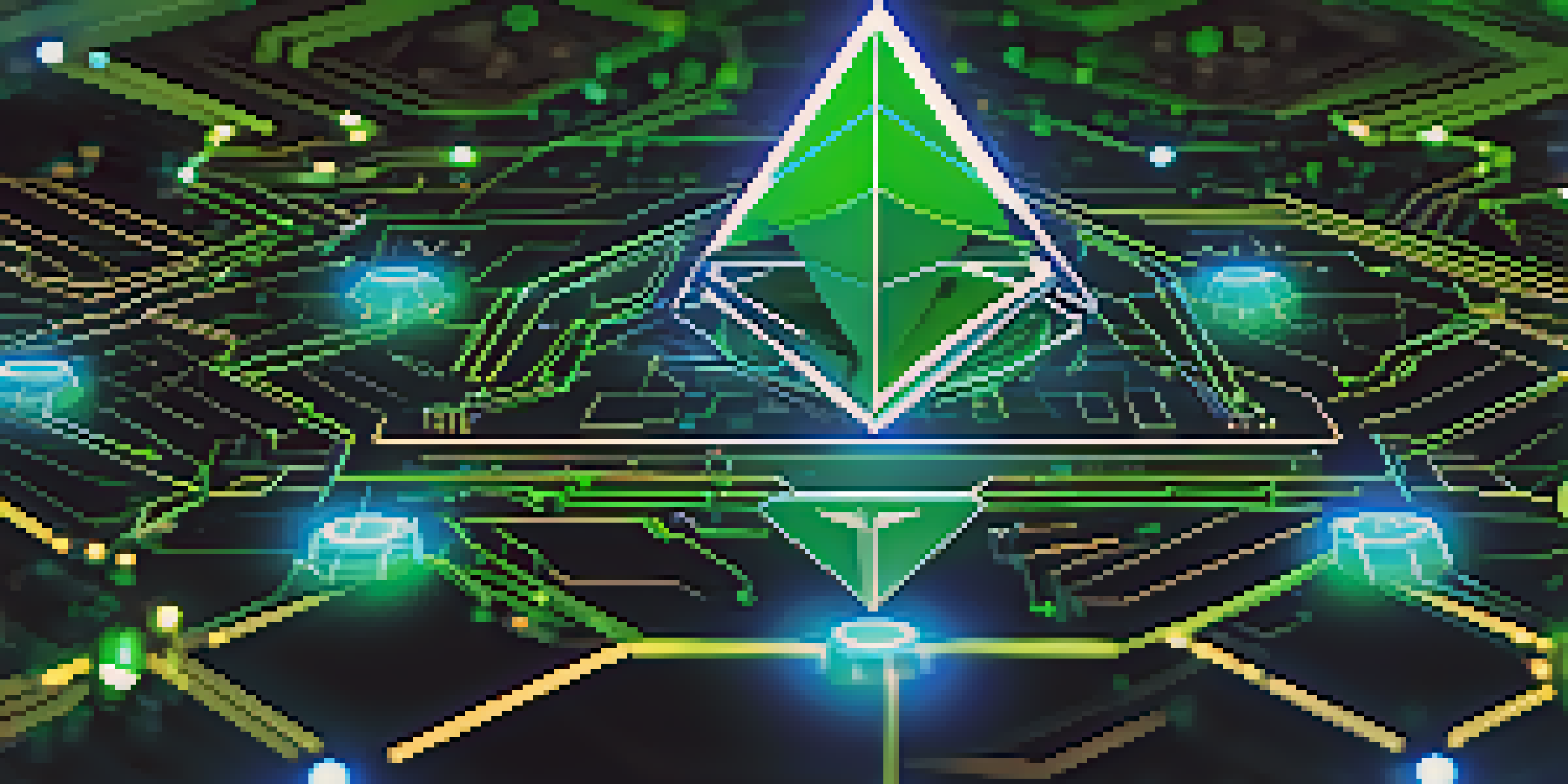 A digital artwork illustrating Ethereum's blockchain, with a large Ethereum logo and glowing nodes in blue and green colors.