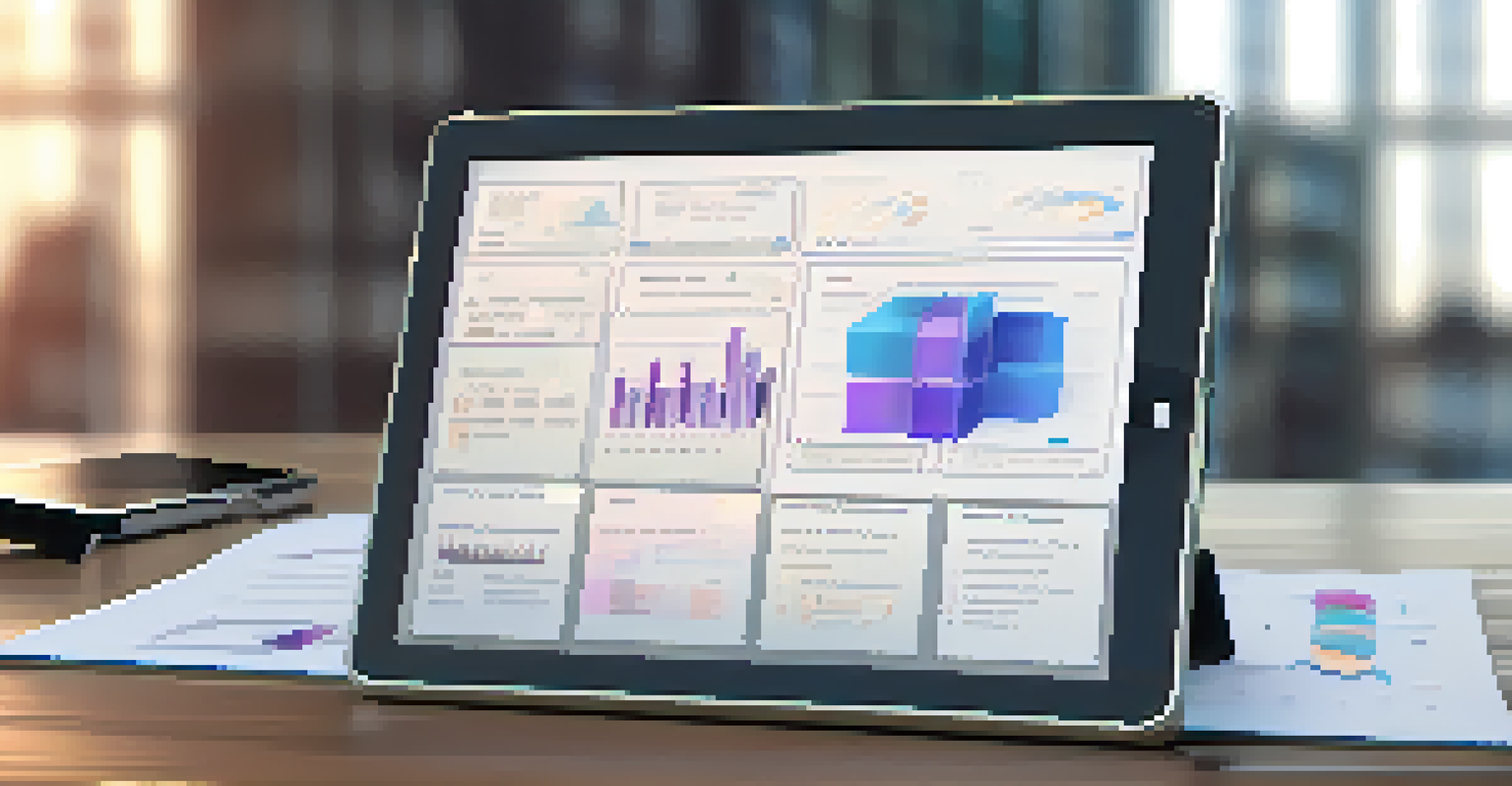 A close-up of a digital tablet showing a smart contract interface with code and graphs, set in a modern office with soft lighting.