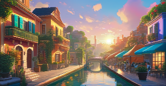 A digital landscape with colorful buildings and gardens, featuring floating holograms of NFTs, illuminated by a sunset.