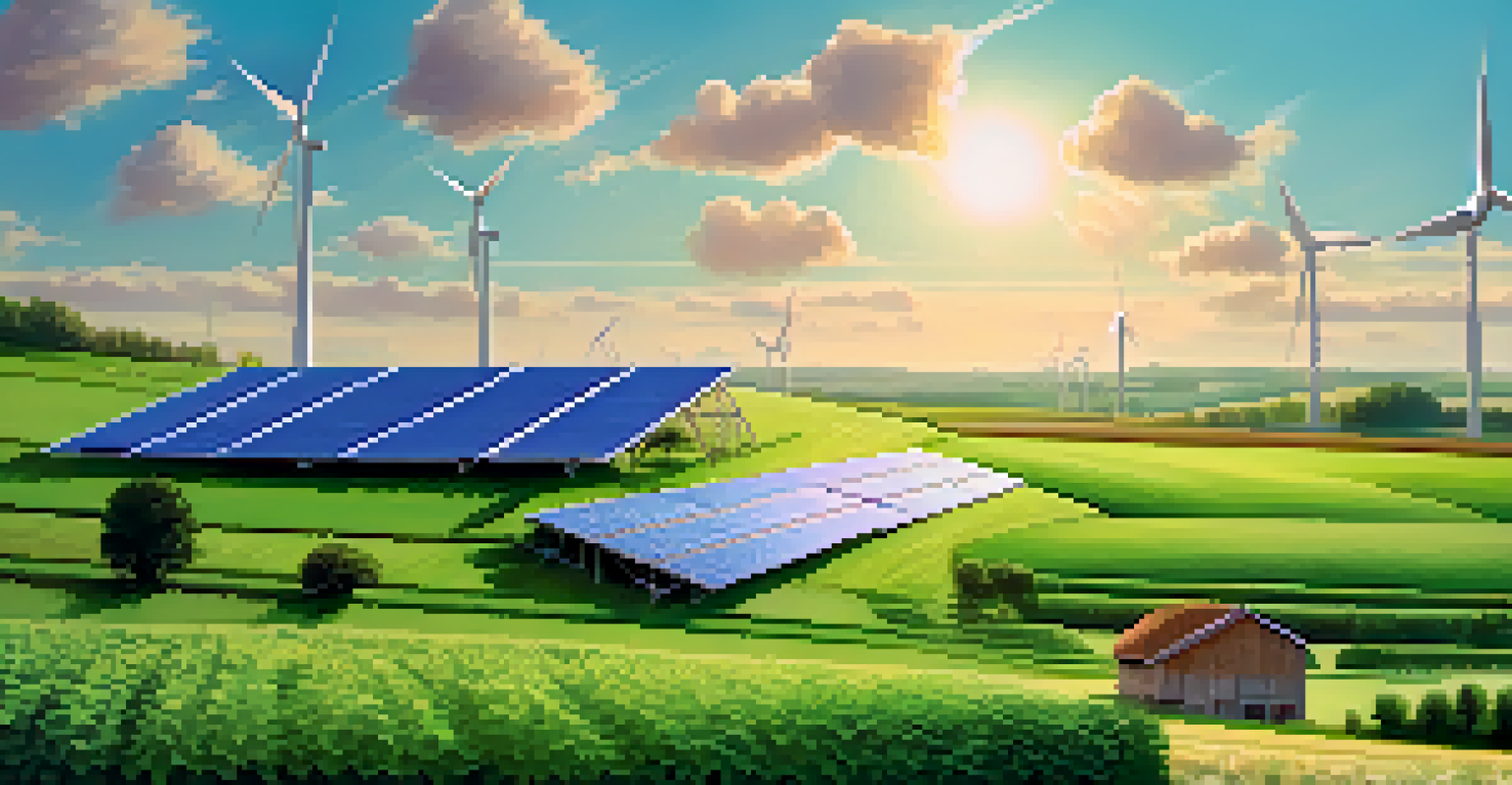 A peaceful digital farm landscape with solar panels and wind turbines surrounded by green fields under a clear blue sky.