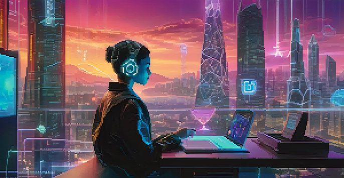 A digital interface showing an AI chatbot interacting with a user, with glowing Ethereum symbols and a modern city skyline in the background.