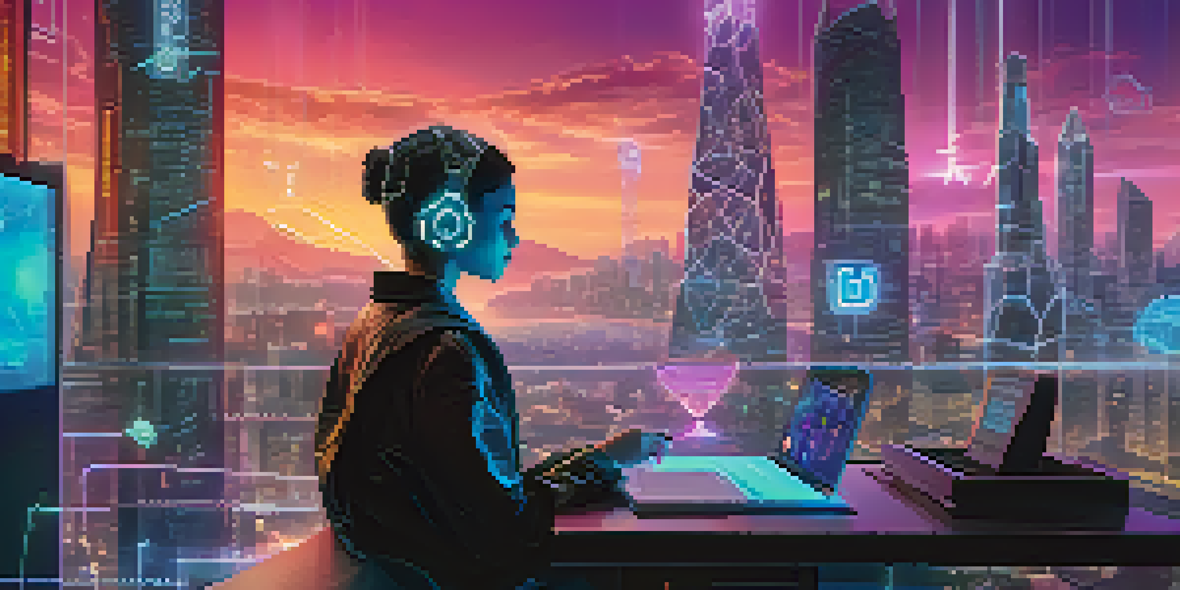 A digital interface showing an AI chatbot interacting with a user, with glowing Ethereum symbols and a modern city skyline in the background.