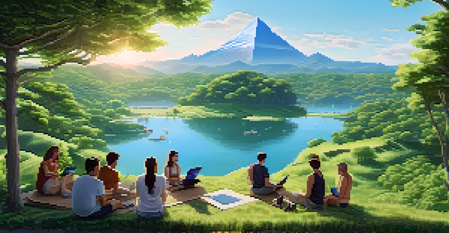 A peaceful landscape with greenery and clean water, featuring people using laptops outdoors, representing the environmental benefits of Ethereum 2.0.
