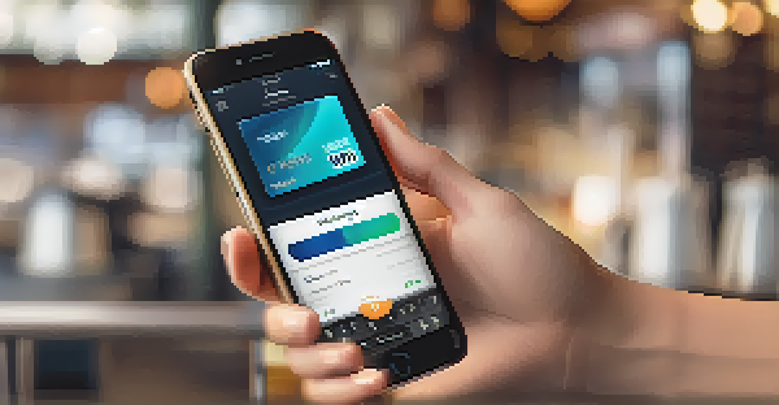A close-up of a hand holding a smartphone with a digital wallet app in a coffee shop.