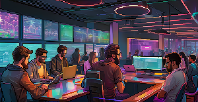 A diverse group of developers working together in a modern office space, surrounded by laptops and digital screens displaying blockchain information.