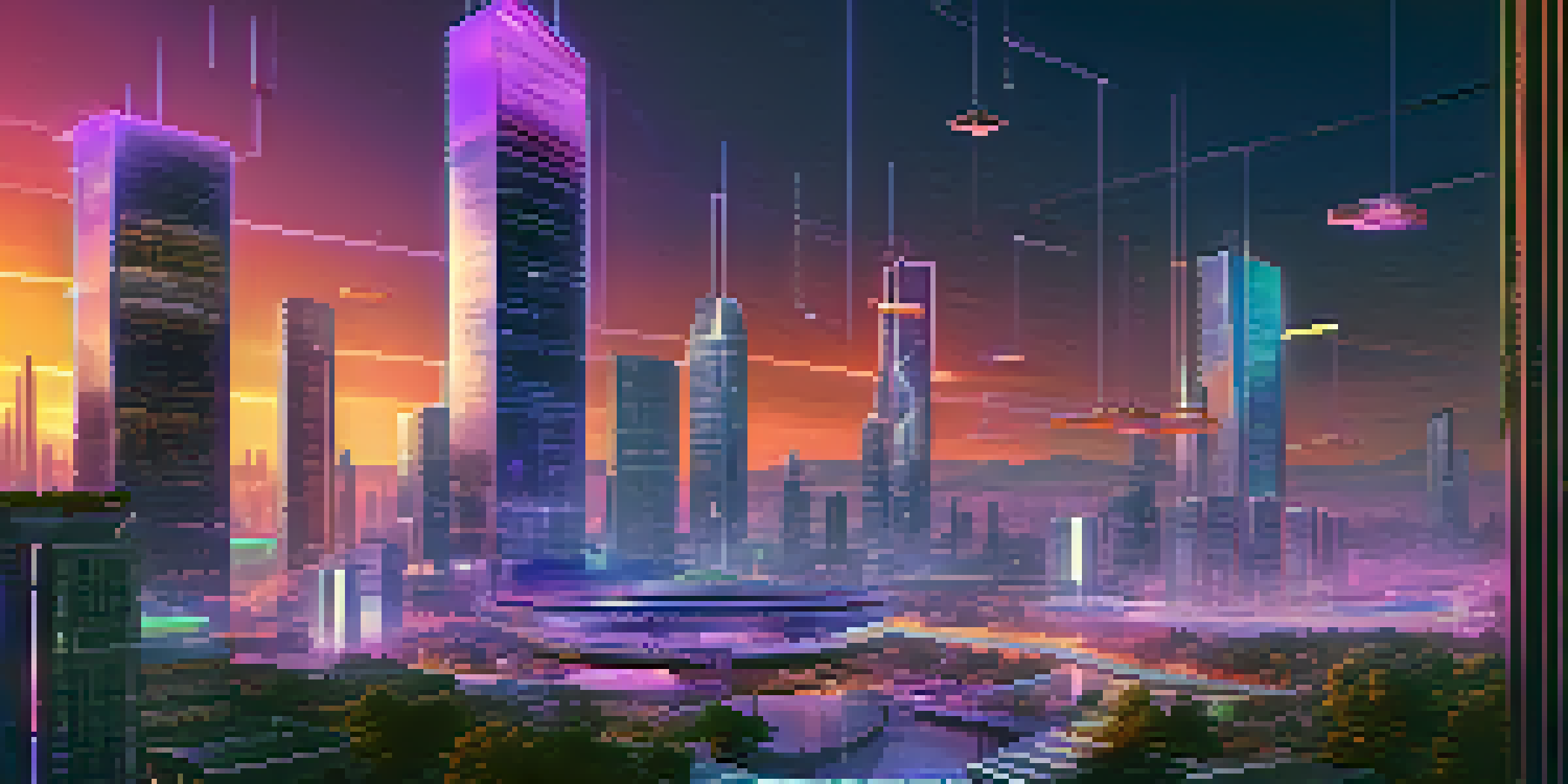 A futuristic city with modern buildings and glowing neon lights, showing diverse people interacting with holographic screens representing Web3 technology.
