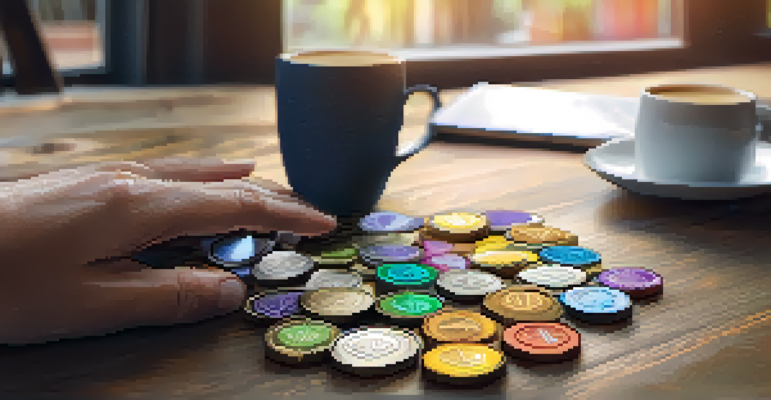 Close-up of hands holding colorful governance tokens on a wooden table with a laptop and coffee cup in the background.